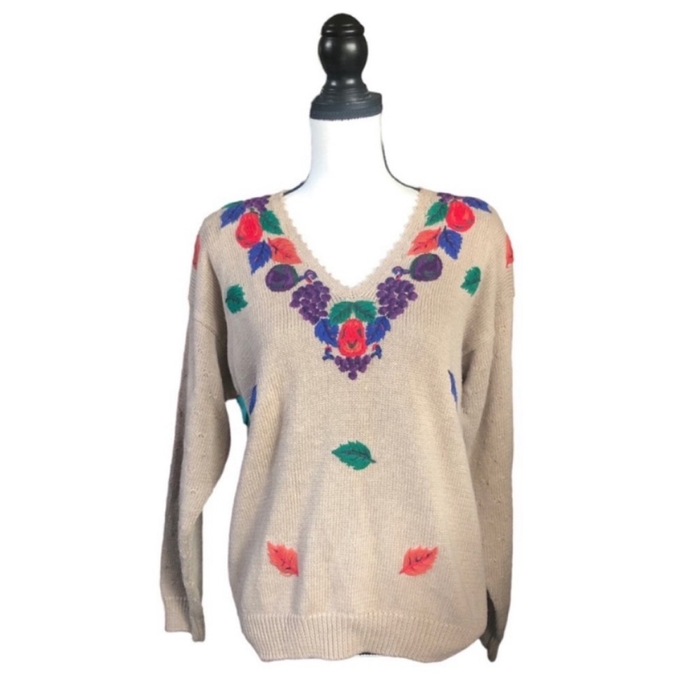 VTG Portraits by Northern Isles Hand Embroidered Sweater Fall Fruits & Leaves S